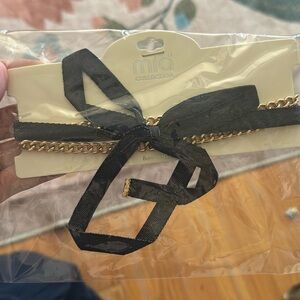 Mia Collection Long GoldChain Blue Denim Ribbon Choker Necklace Costume